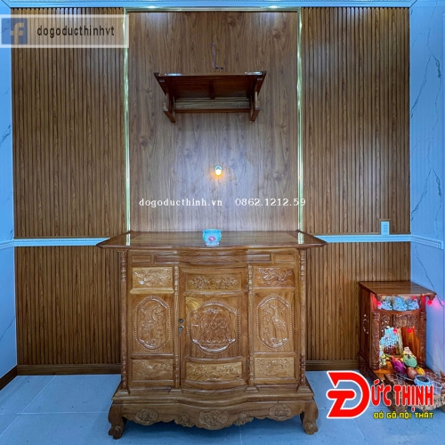 Trang Trí Phòng Thờ Gỗ Tự Nhiên – Tủ Thờ Gỗ Đỏ Tam Đa Kết Hợp Bàn Thờ Quan Âm Và Bàn Thờ Ông Địa