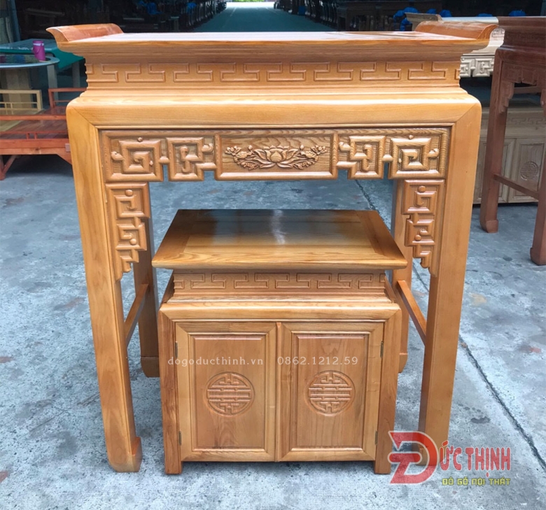Án gian thờ gỗ sồi - Tủ gầm - 107 - hoa sen (sơn màu theo yêu cầu)