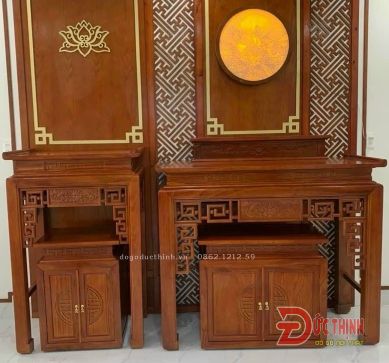 Án gian thờ gỗ sồi - Tủ gầm - 107 - hoa sen (sơn màu theo yêu cầu)