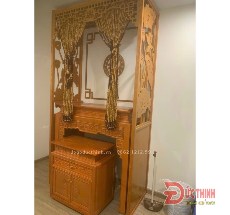 Án gian thờ gỗ sồi - Tủ gầm - 107 - hoa sen (sơn màu theo yêu cầu)