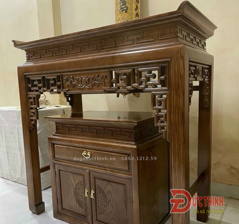 Án gian thờ gỗ sồi - Tủ gầm - 107 - hoa sen (sơn màu theo yêu cầu)