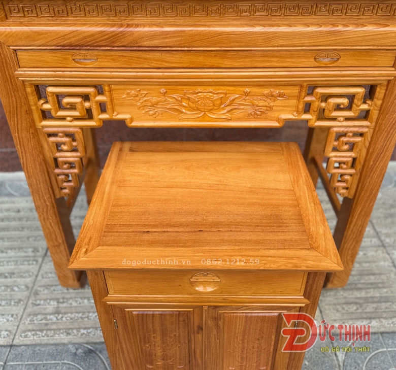 Combo phòng thờ gỗ đỏ: án gian thờ, bàn thờ treo tường, đèn tranh trúc chỉ