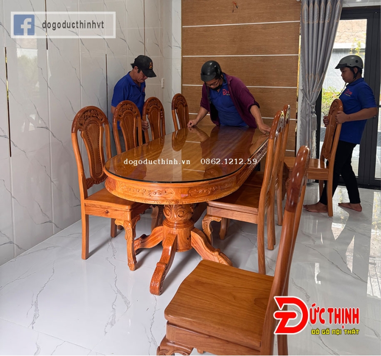 Bàn ăn gỗ đỏ - Oval - 10 ghế tựa đào