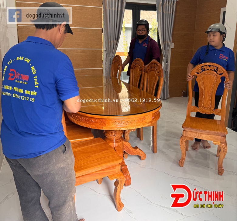 Bàn ăn gỗ đỏ - Oval - 10 ghế tựa đào