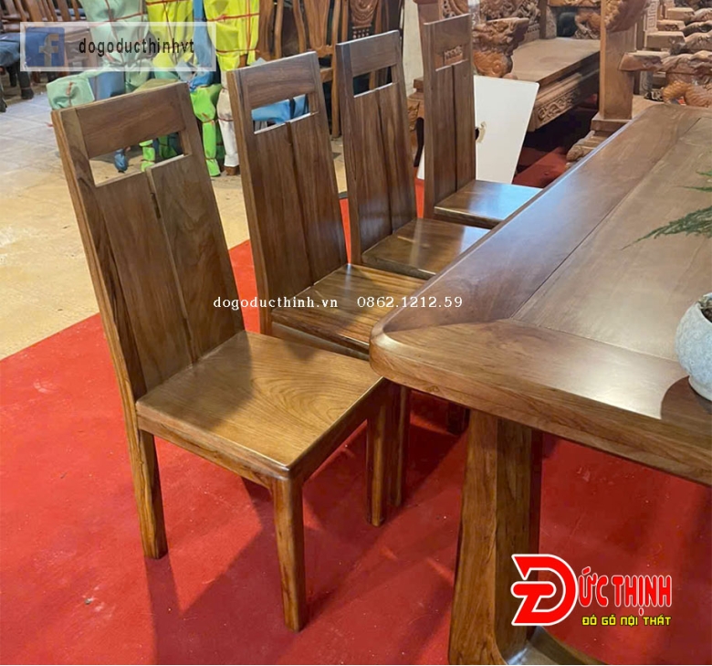 Bàn ăn gỗ đỏ chân chữ U - ghế mẫu trơn khoét lỗ cách điệu