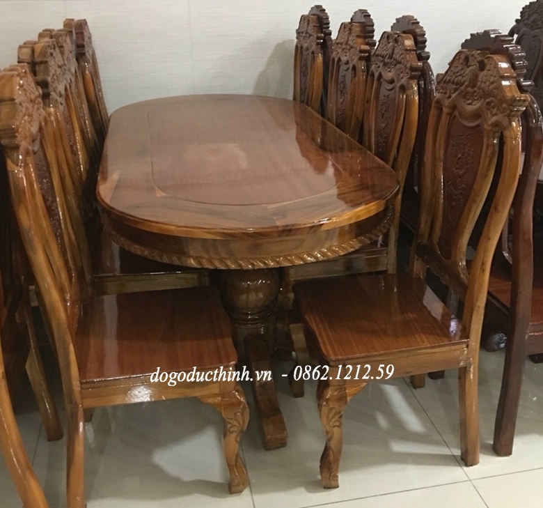 Bàn ăn gỗ tràm - Oval - 8 ghế - mẫu chim