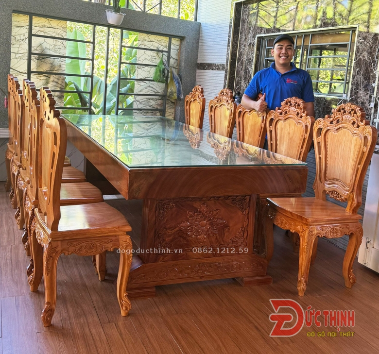 BÀN ĂN NGUYÊN KHỐI GỖ ĐỎ - 10 GHẾ LOUIS - BÀN N107XD265Xd16