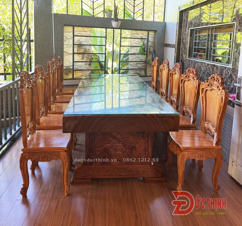 BÀN ĂN NGUYÊN KHỐI GỖ ĐỎ - 10 GHẾ LOUIS - BÀN N107XD265Xd16