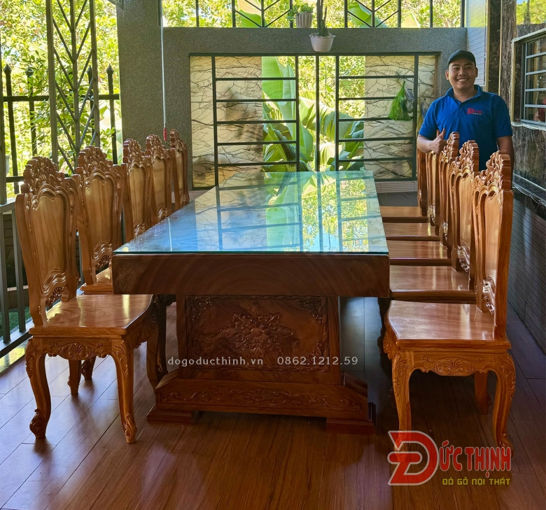 BÀN ĂN NGUYÊN KHỐI GỖ ĐỎ - 10 GHẾ LOUIS - BÀN N107XD265Xd16