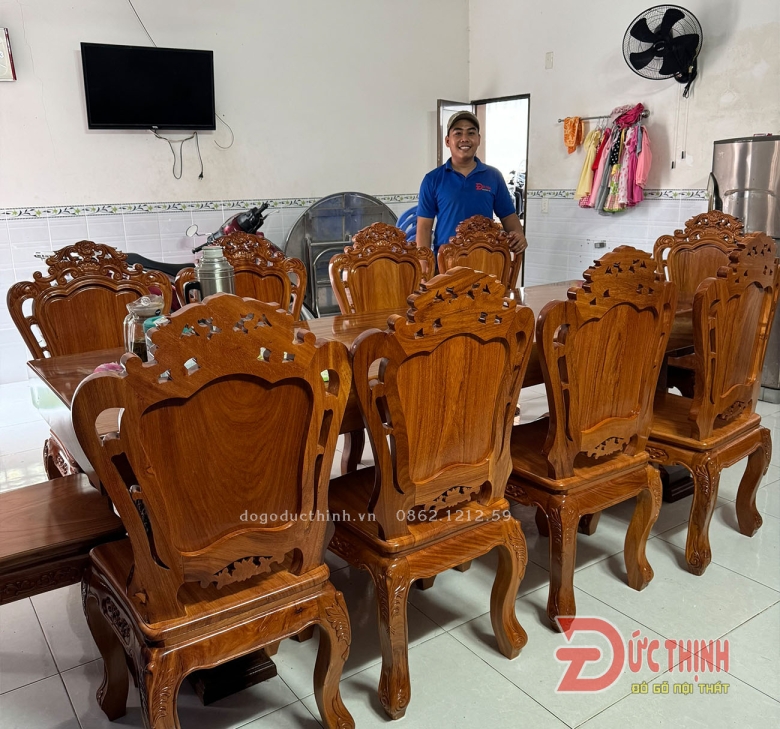 BÀN ĂN NGUYÊN KHỐI GỖ ĐỎ - 10 GHẾ LOUIS - BÀN N89xD265xD16