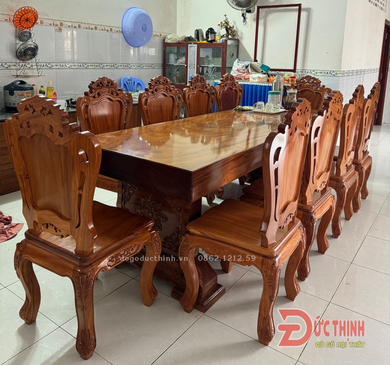 BÀN ĂN NGUYÊN KHỐI GỖ ĐỎ - 10 GHẾ LOUIS - BÀN N89xD265xD16