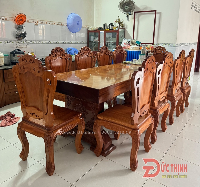 BÀN ĂN NGUYÊN KHỐI GỖ ĐỎ - 10 GHẾ LOUIS - BÀN N89xD265xD16