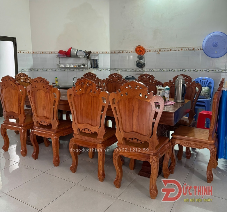 BÀN ĂN NGUYÊN KHỐI GỖ ĐỎ - 10 GHẾ LOUIS - BÀN N89xD265xD16