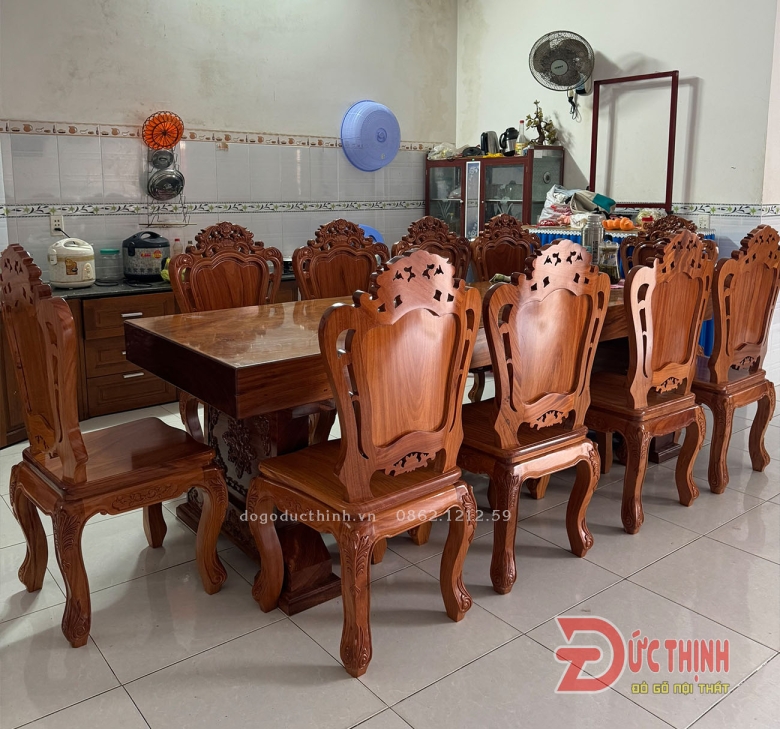 BÀN ĂN NGUYÊN KHỐI GỖ ĐỎ - 10 GHẾ LOUIS - BÀN N89xD265xD16