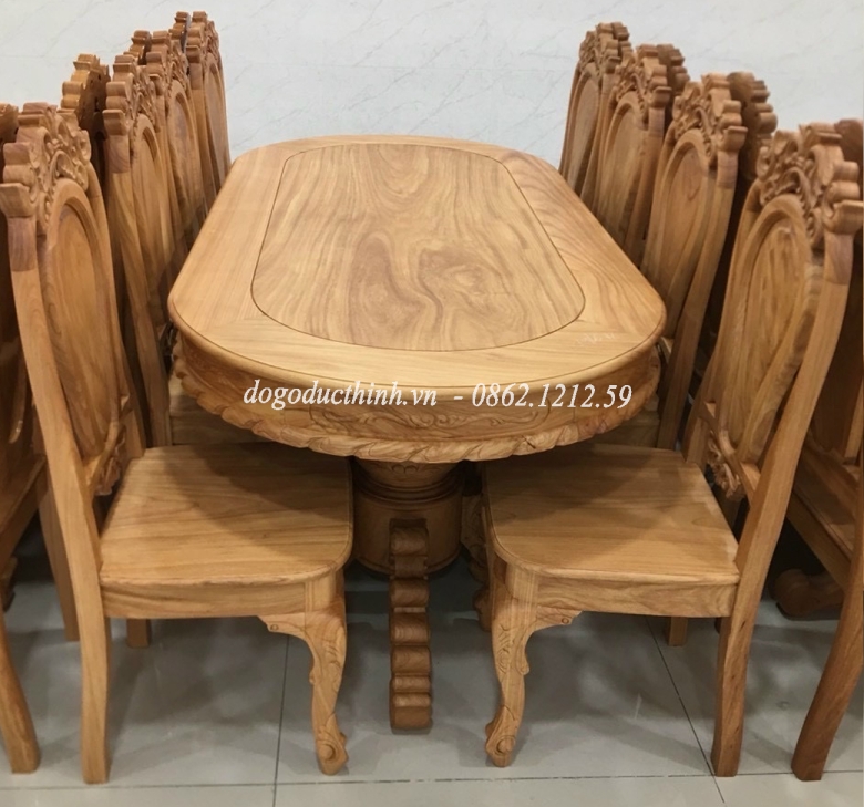Bàn ăn gỗ đỏ - Oval - 8 ghế - Tựa ghế luy - PU mờ