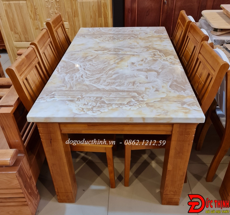 BÀN ĂN MẶT ĐÁ WANUT 160CM- VUÔNG - 6 GHẾ VUÔNG - NÂU 