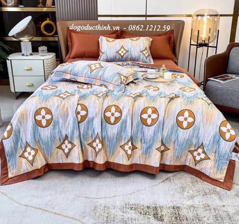 Bộ chăn drap gối Lụa Satin Thái in họa tiết sang trọng