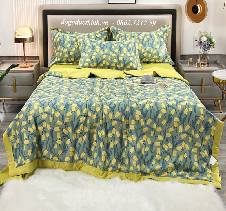 Bộ chăn drap gối Lụa Satin Thái in họa tiết sang trọng