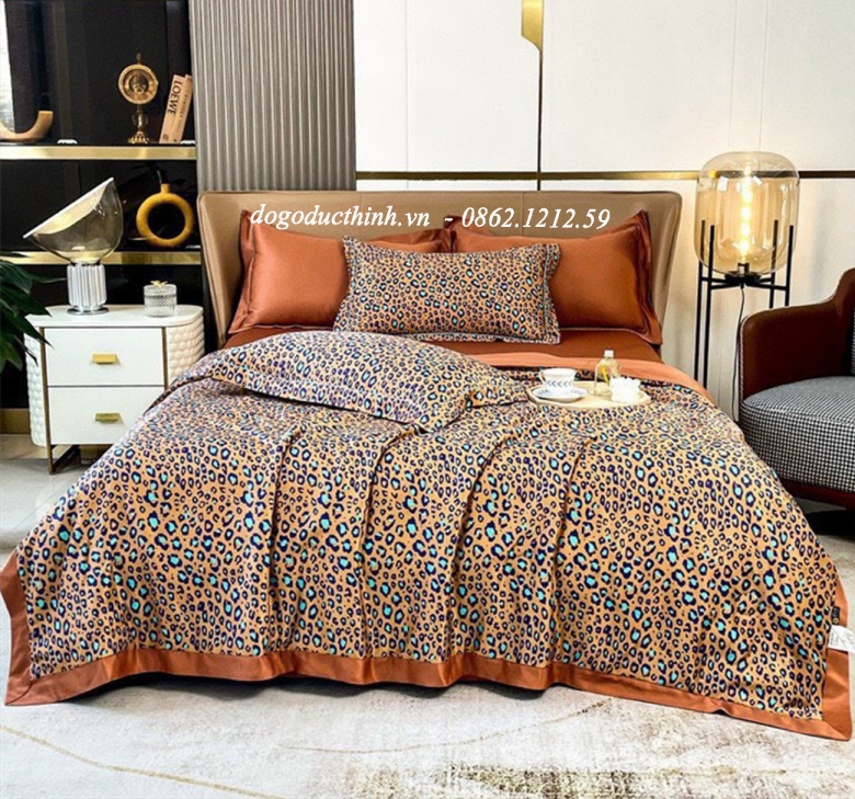 Bộ chăn drap gối Lụa Satin Thái in họa tiết sang trọng