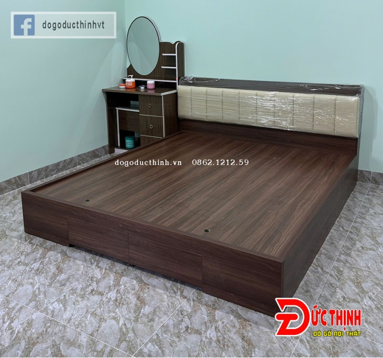 Giường ngủ gỗ MDF hiện đại - màu gỗ óc chó - có ngăn kéo (size lớn)