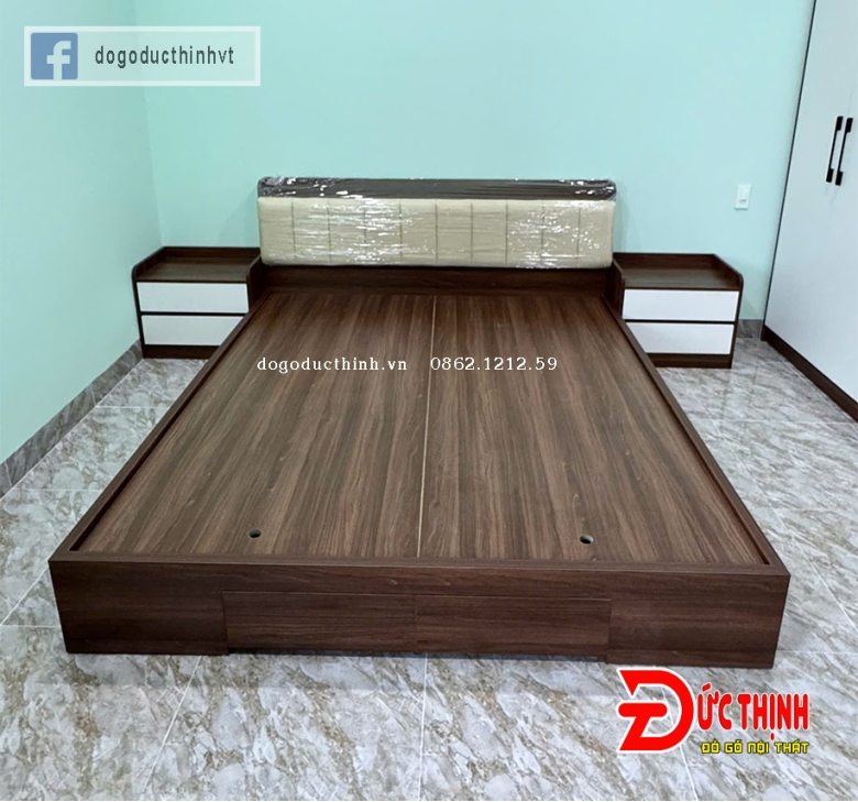 Giường ngủ gỗ MDF hiện đại - màu gỗ óc chó - có ngăn kéo (size lớn)
