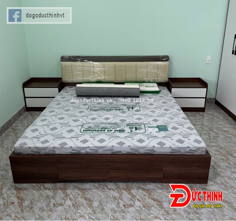 Giường ngủ gỗ MDF hiện đại - màu gỗ óc chó - có ngăn kéo (size lớn)