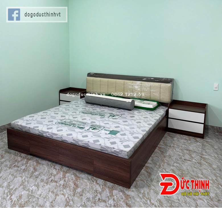 Giường ngủ gỗ MDF hiện đại - màu gỗ óc chó - có ngăn kéo (size lớn)