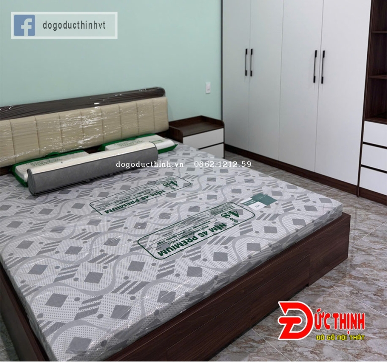 Giường ngủ gỗ MDF hiện đại - màu gỗ óc chó - có ngăn kéo (size lớn)