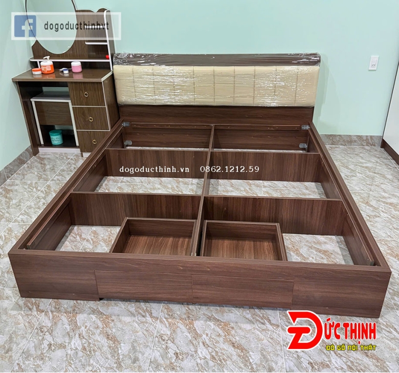 Giường ngủ gỗ MDF hiện đại - màu gỗ óc chó - có ngăn kéo (size lớn)