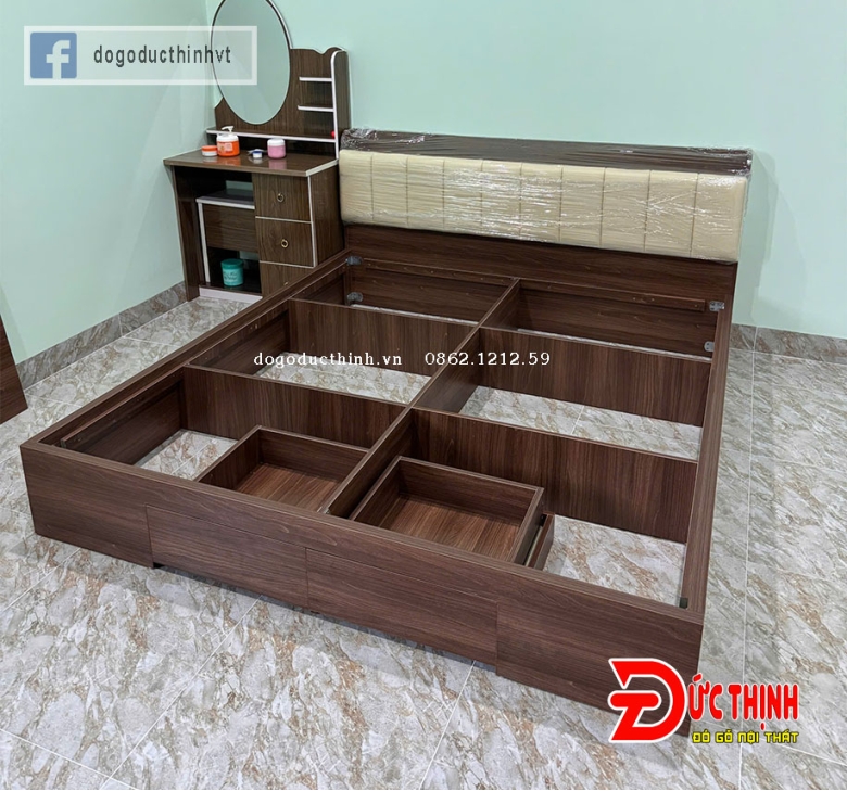 Giường ngủ gỗ MDF hiện đại - màu gỗ óc chó - có ngăn kéo (size lớn)