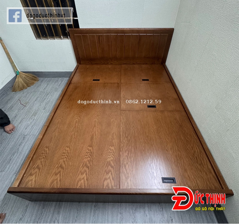 Giường ngủ gỗ sồi Nga mẫu trơn hiện đại - màu gỗ óc chó