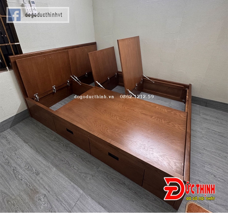 Giường ngủ gỗ sồi Nga mẫu trơn hiện đại - màu gỗ óc chó