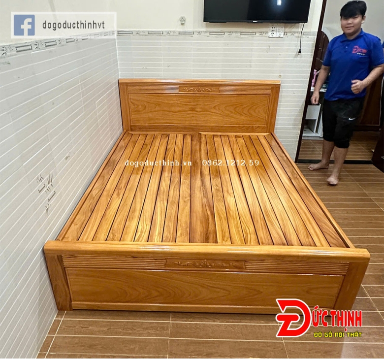 Giường Ngủ Gỗ Gõ Đỏ – Vạt Phản Nan – Đầu Giường Chạm Sọc Hiện Đại