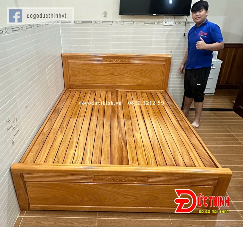 Giường Ngủ Gỗ Gõ Đỏ – Vạt Phản Nan – Đầu Giường Chạm Sọc Hiện Đại