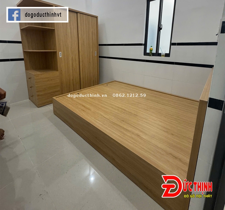 Giường ngủ gỗ MDF hiện đại - màu gỗ sồi
