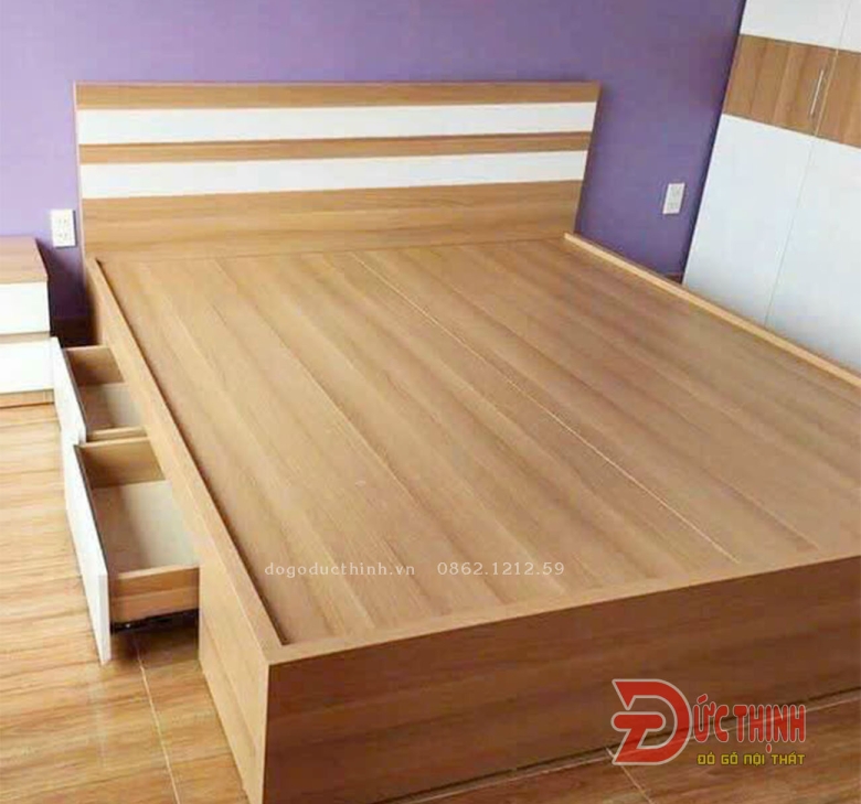 Giường ngủ gỗ MDF hiện đại màu gỗ đỏ - có ngăn kéo