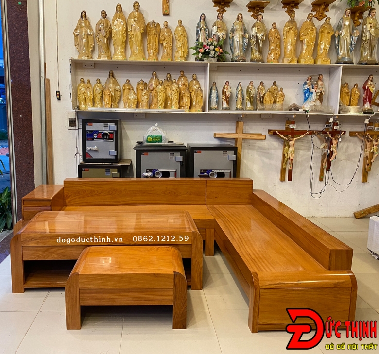 Sofa gõ đỏ - góc chữ L - chân cuốn to - 4 món
