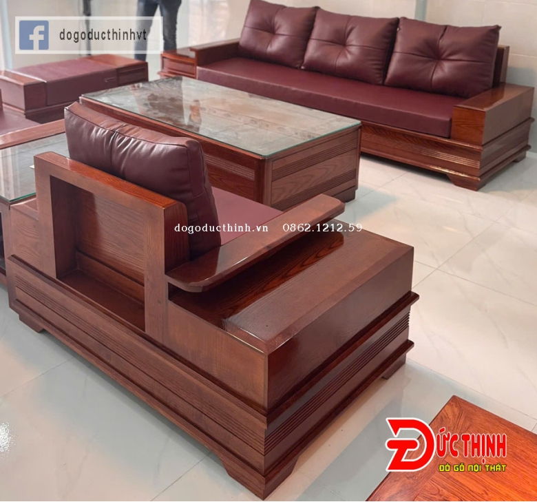SOFA GỖ SỒI NGA–MẪU ĐỐI CHÂN PHÁO – CÓ NỆM - SƠN MÀU GỖ HƯƠNG ĐÁ