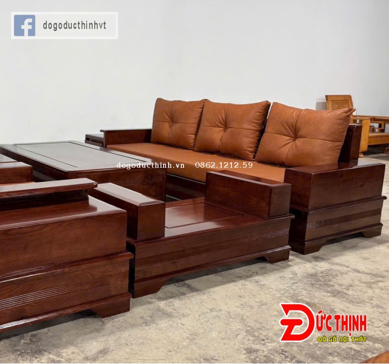 SOFA GỖ SỒI NGA – MẪU ĐỐI CHÂN PHÁO – CÓ NỆM