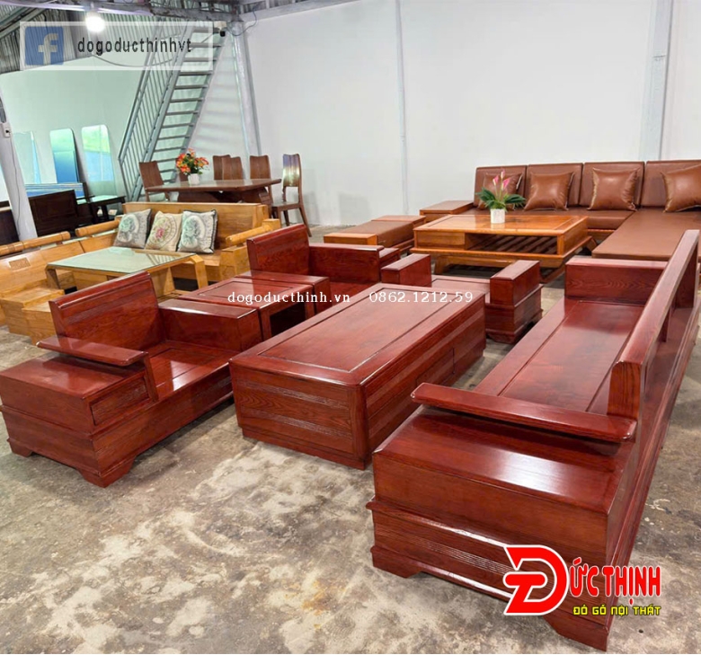 SOFA GỖ SỒI NGA–MẪU ĐỐI CHÂN PHÁO – CÓ NỆM - SƠN MÀU GỖ HƯƠNG ĐÁ