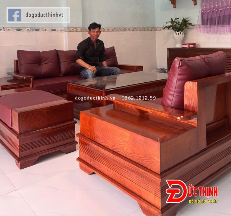 SOFA GỖ SỒI NGA–MẪU ĐỐI CHÂN PHÁO – CÓ NỆM - SƠN MÀU GỖ HƯƠNG ĐÁ