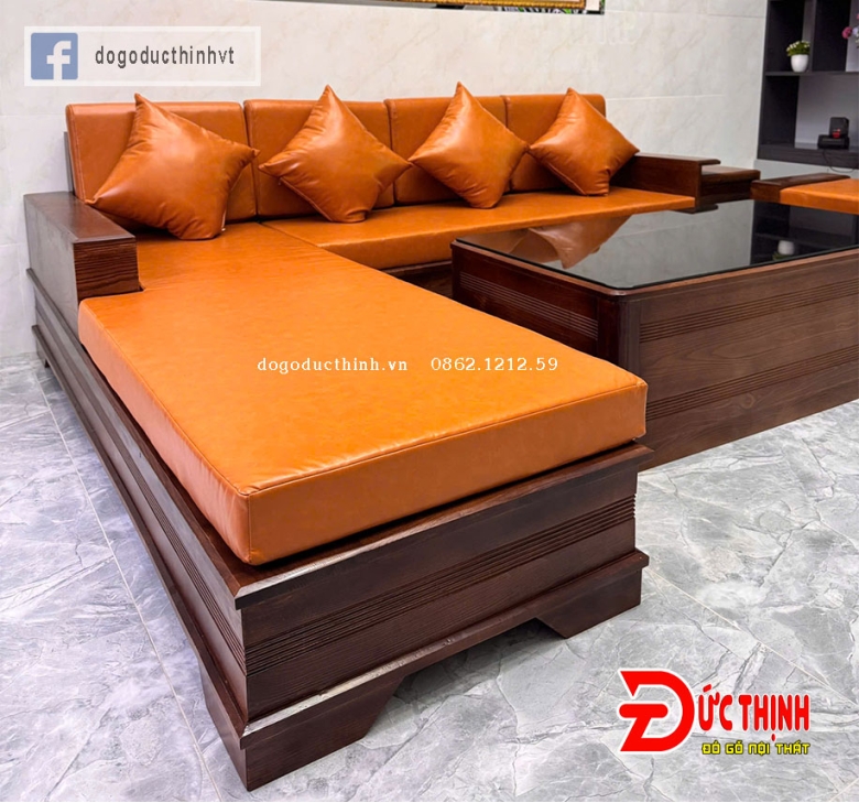 SOFA SỒI NGA - GÓC L - CHÂN PHÁO - MÀU GỐ ÓC CHÓ - NỆM