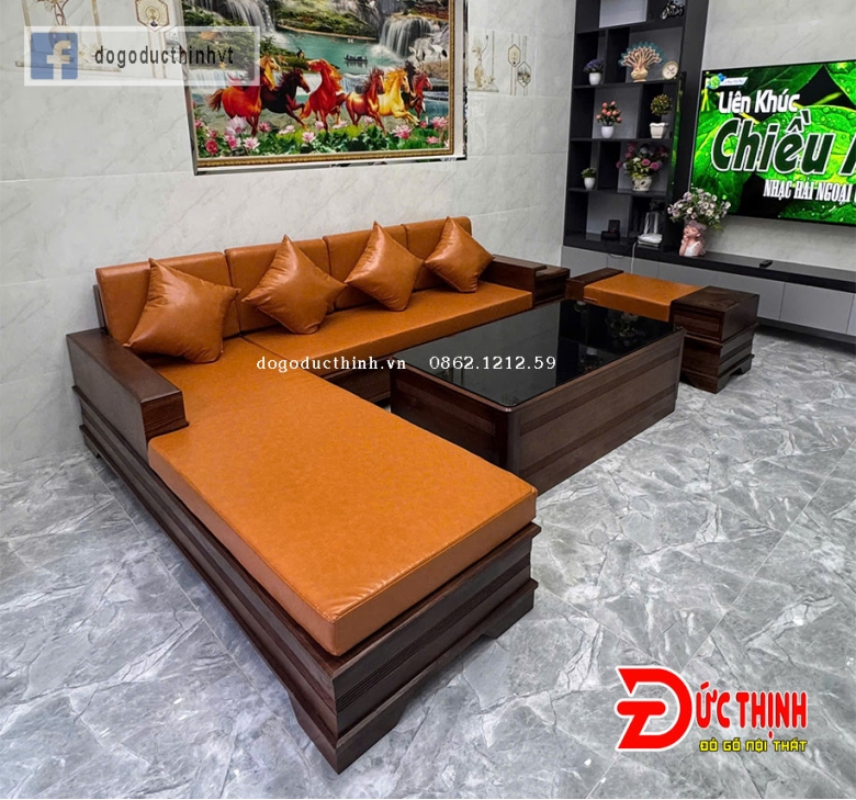 SOFA SỒI NGA - GÓC L - CHÂN PHÁO - MÀU GỐ ÓC CHÓ - NỆM
