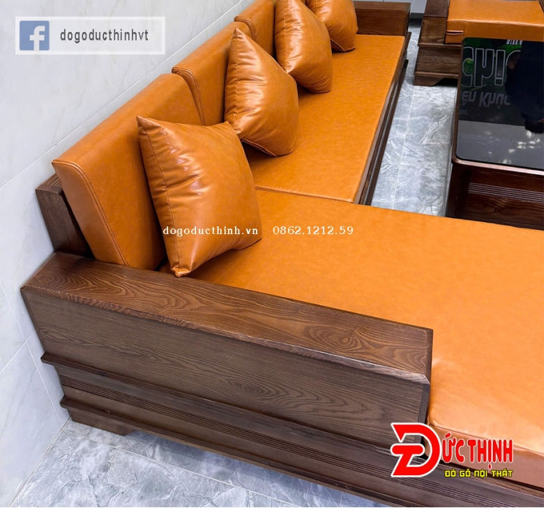 SOFA SỒI NGA - GÓC L - CHÂN PHÁO - MÀU GỐ ÓC CHÓ - NỆM