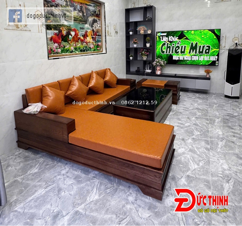SOFA SỒI NGA - GÓC L - CHÂN PHÁO - MÀU GỐ ÓC CHÓ - NỆM