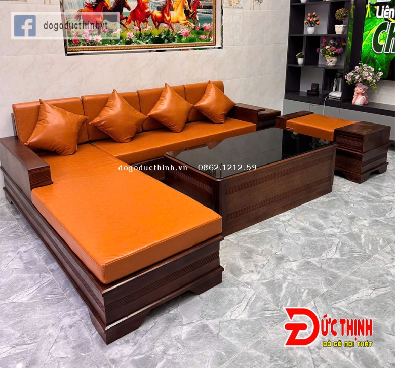 SOFA SỒI NGA - GÓC L - CHÂN PHÁO - MÀU GỐ ÓC CHÓ - NỆM