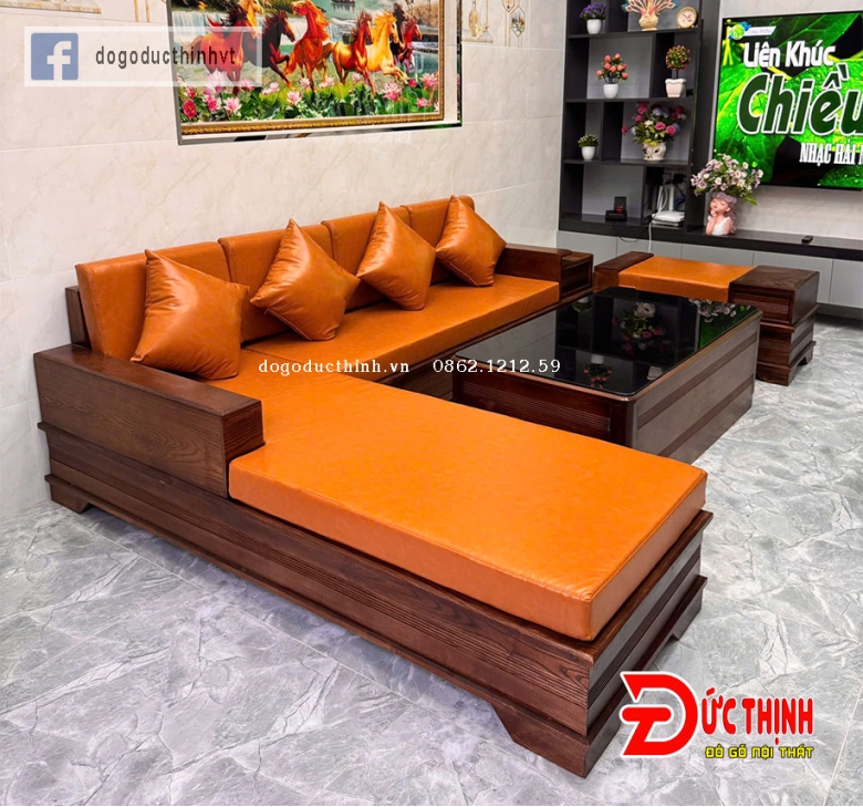 SOFA SỒI NGA - GÓC L - CHÂN PHÁO - MÀU GỐ ÓC CHÓ - NỆM