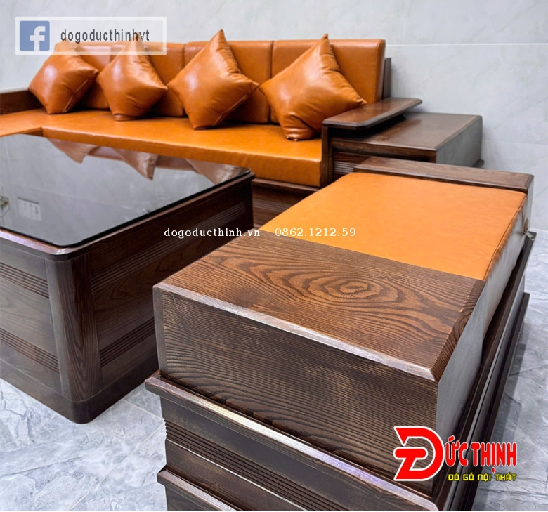 SOFA SỒI NGA - GÓC L - CHÂN PHÁO - MÀU GỐ ÓC CHÓ - NỆM