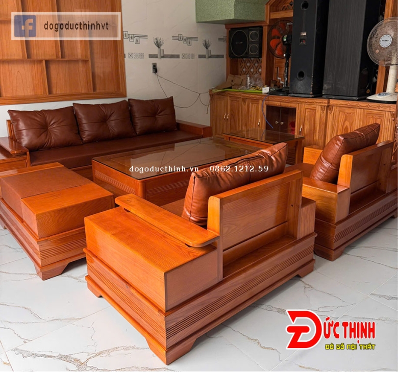 SOFA GỖ SỒI NGA–MẪU ĐỐI CHÂN PHÁO – CÓ NỆM - SƠN MÀU GỖ ĐỎ ĐẬM
