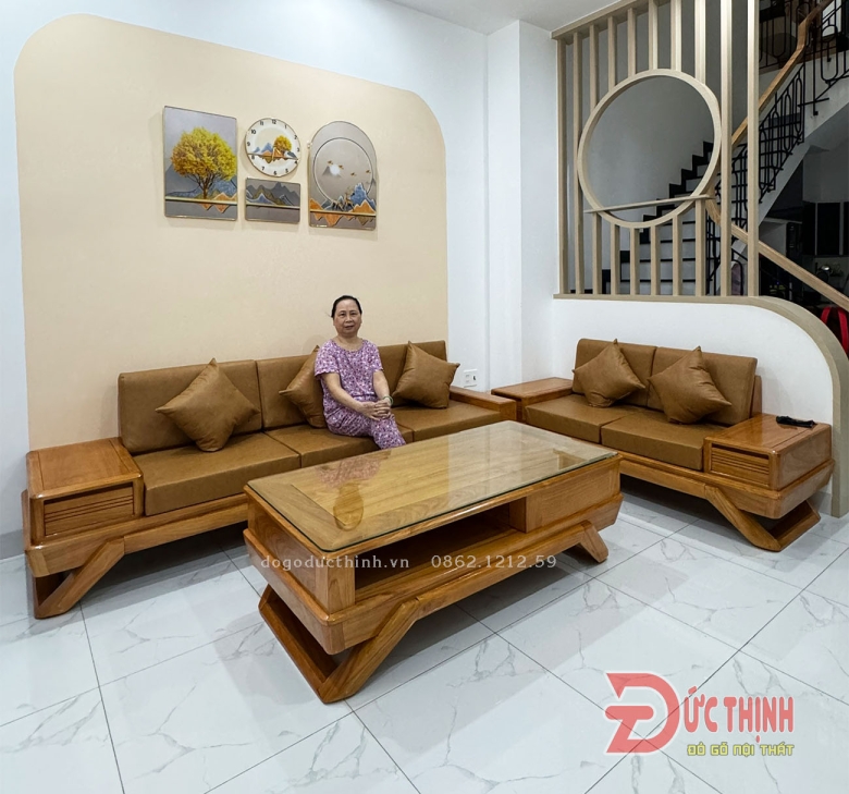 Sofa gỗ đỏ - góc L - mẫu chân thuyền cao cấp